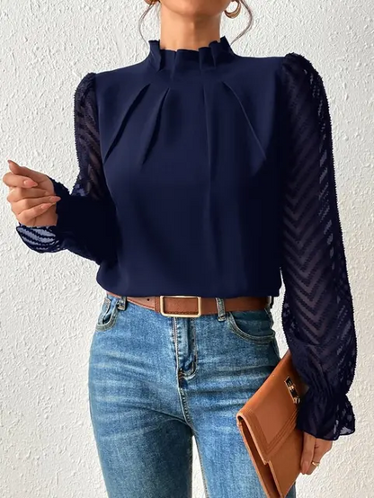 Women's Blouse - Frill Mock Neck Sheer Chevron Sleeve Pleated Top