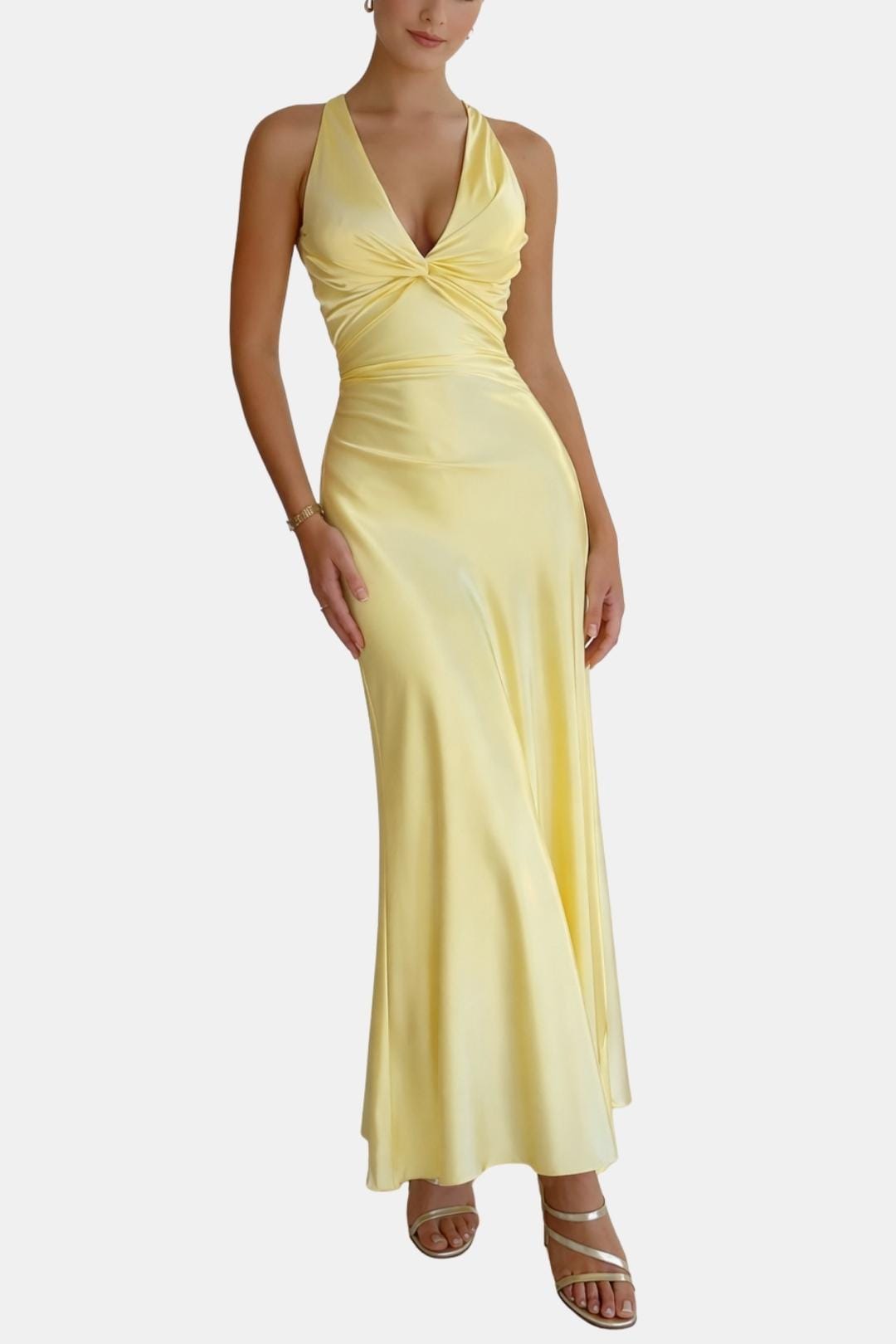 Antonia - Halter Neck Ruched Satin Long Dress