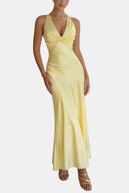 Antonia - Halter Neck Ruched Satin Long Dress