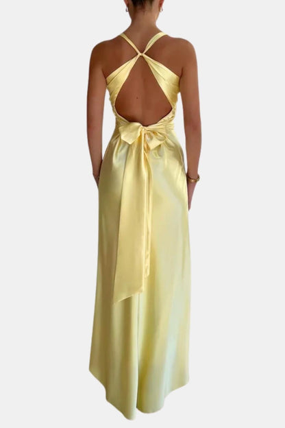 Antonia - Halter Neck Ruched Satin Long Dress