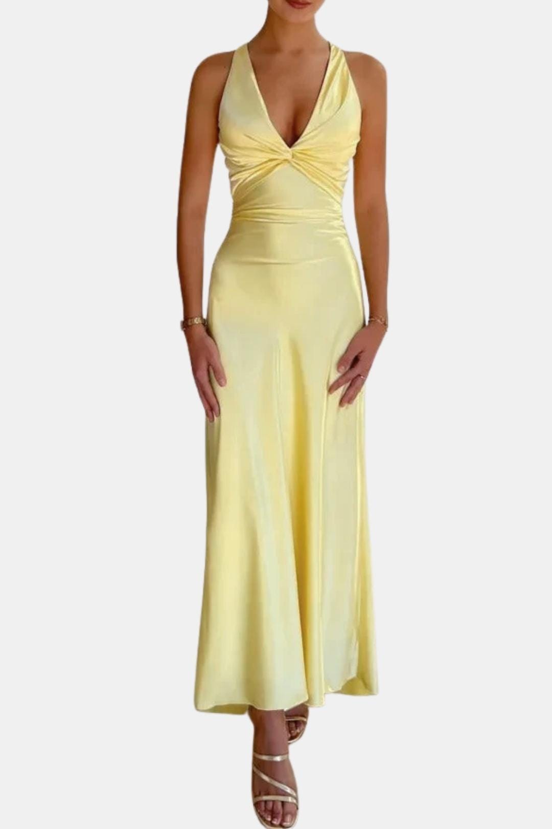 Antonia - Halter Neck Ruched Satin Long Dress