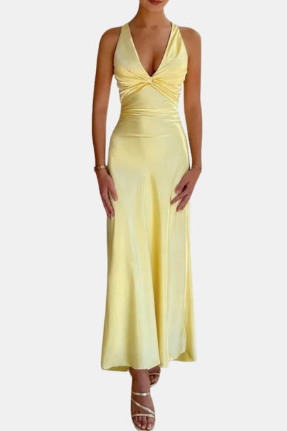 Antonia - Halter Neck Ruched Satin Long Dress