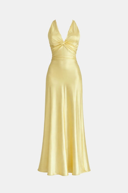 Antonia - Halter Neck Ruched Satin Long Dress