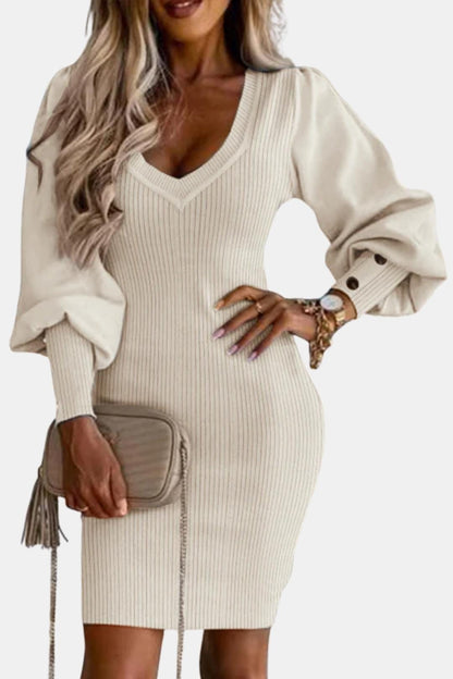 Cornelia - Puff Sleeve V Neck Knit Slim Fit Bodycon Dress
