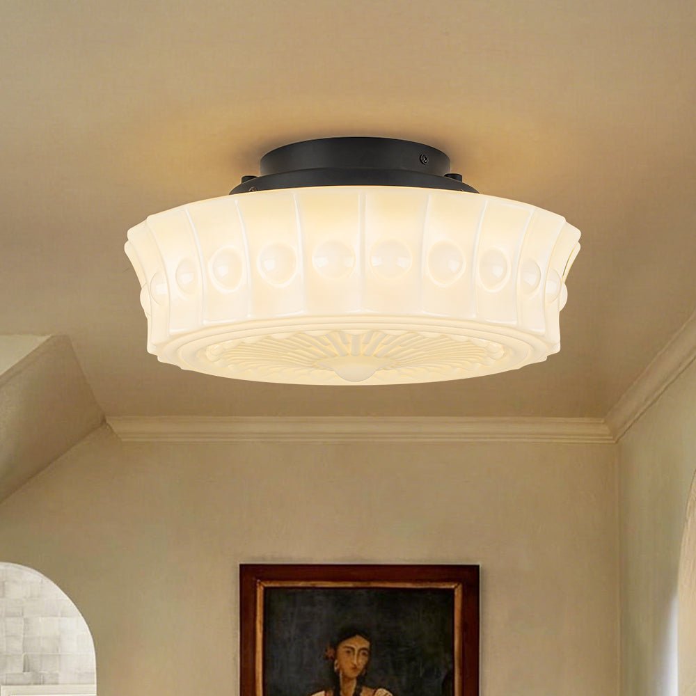 RoyaleGlow Art Deco Ivory Opal Milk Glass Schoolhouse LED Ceiling Light, 4000K Dimmable