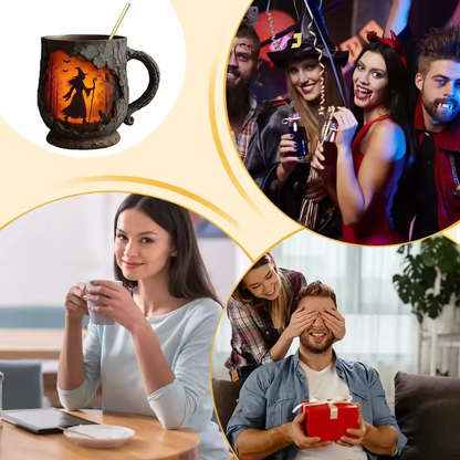 Handgefertigte 3D Halloween-Tasse mit Hexe und Katze