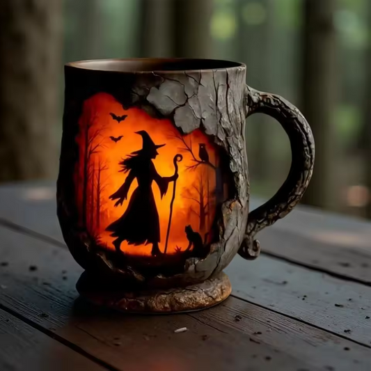 Handgefertigte 3D Halloween-Tasse mit Hexe und Katze