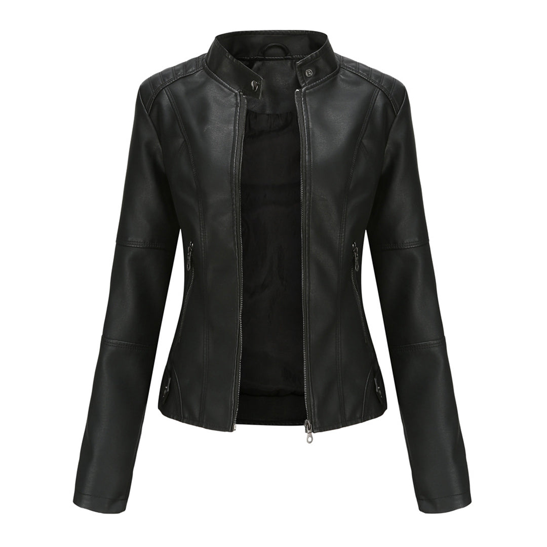 SUENTA Damen Maßgeschneiderte Lederjacke Taillierte Lederjacke Klaren Linien Lagenlook Schwarz