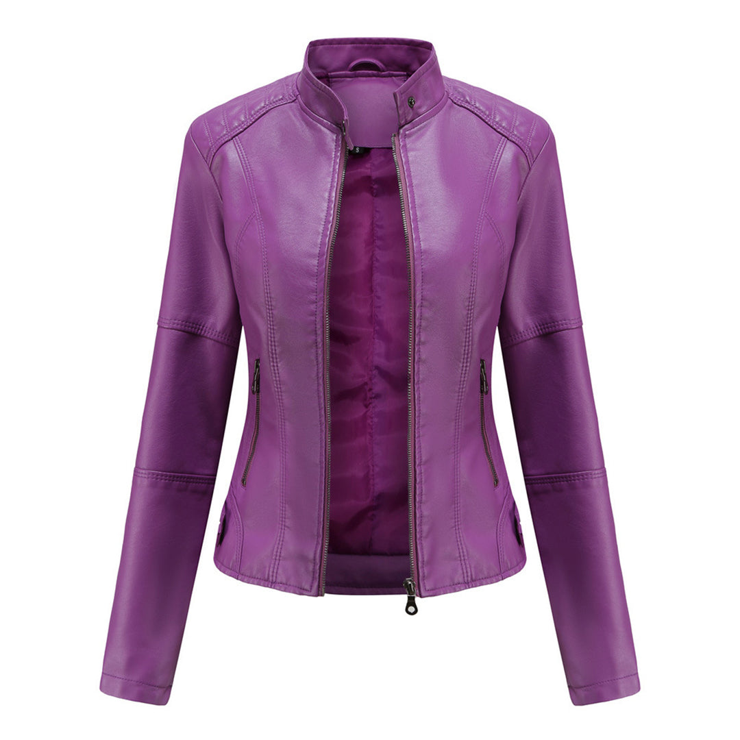 SUENTA Damen Maßgeschneiderte Lederjacke Taillierte Lederjacke Klaren Linien Lagenlook Lila