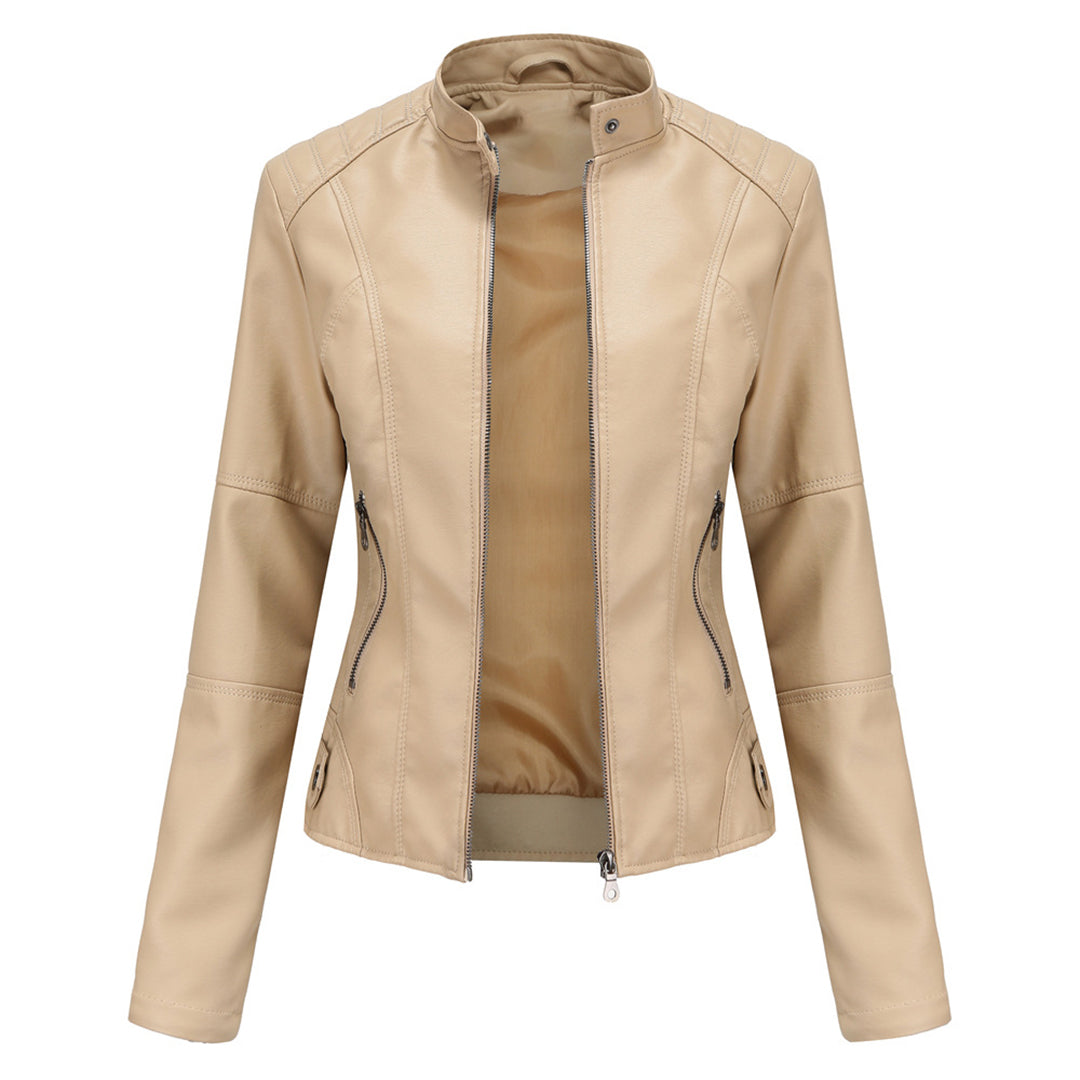 SUENTA Damen Maßgeschneiderte Lederjacke Taillierte Lederjacke Klaren Linien Lagenlook Beige