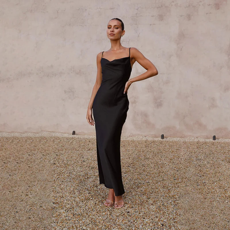 Robe Maxi Luxueuse en Satin pour Femme – Robe Élégante à Col Drape et Bretelles Fines