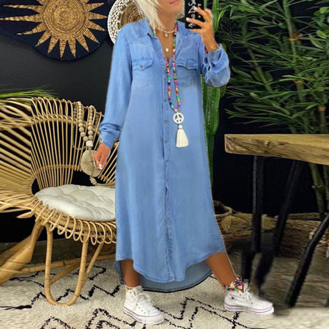 Ava | Women Denim Shirt Dress Collared Neck Button Front Long Sleeve Midi