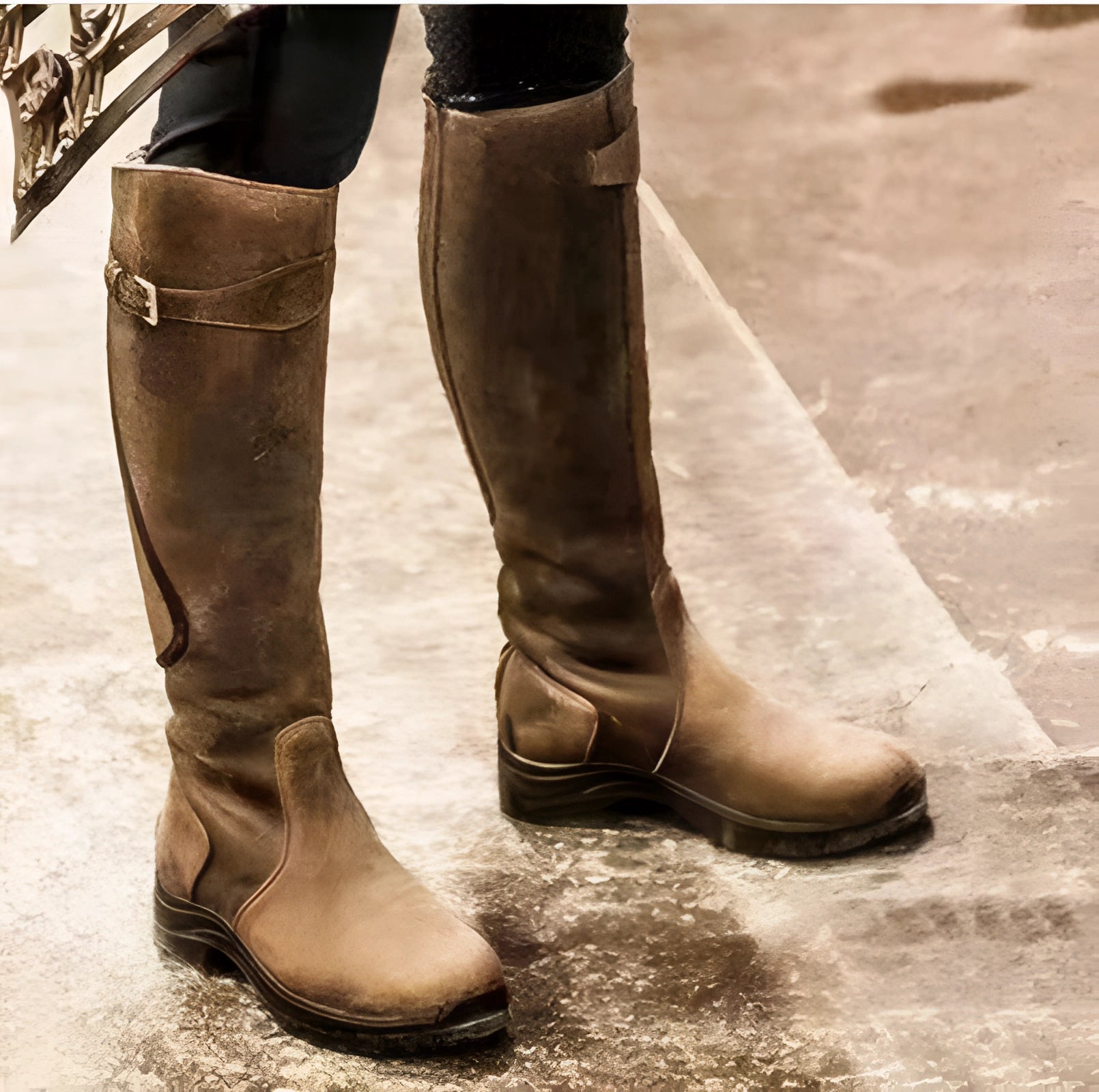 Brown leather waterproof equestrian riding boots, knee-high, durable and stylish, displayed on a wooden surface with a human leg wearing the boot, size 43.