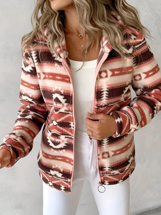Cozy Women's Southwestern Plush Fleece Zip-Up Jacket featuring a soft, white plush fabric design with a high collar and long sleeves, showcased on a model for a stylish and comfortable outerwear look.