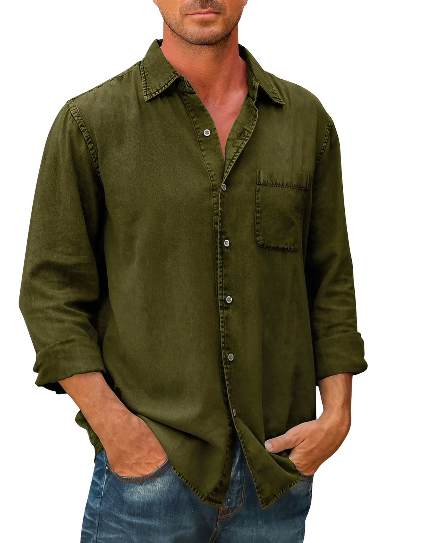 Men's olive green suede shirt, distressed western style with long sleeves and pockets, shown in size 5XL.