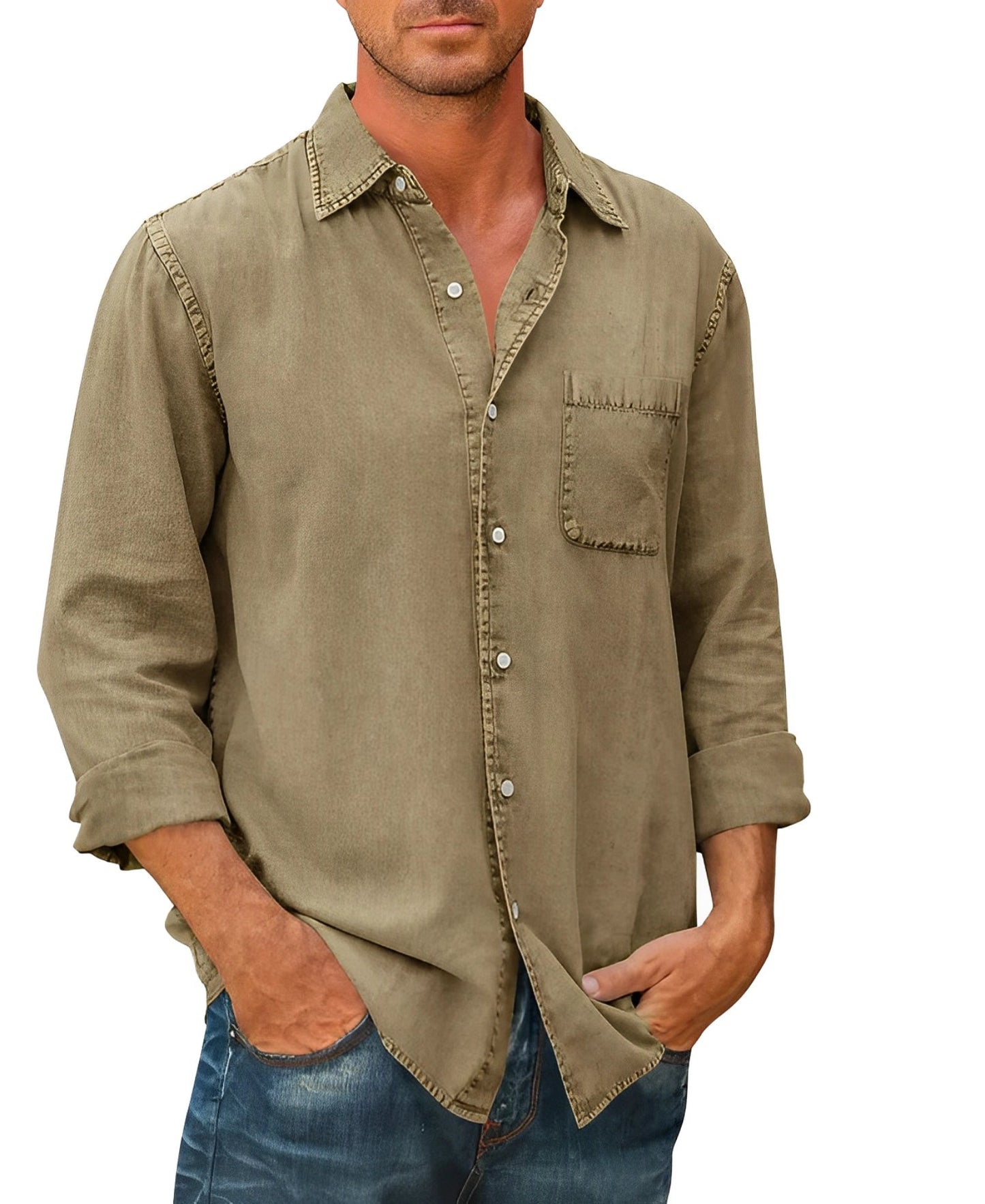 Men's olive green suede shirt with distressed western design, long sleeves, pockets, khaki color, size 5XL