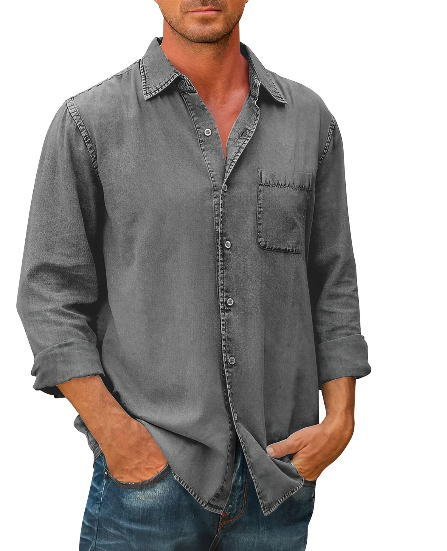 Men's olive green suede shirt with distressed western design, long sleeves, and pockets, featuring a collar and shown in gray, size 5XL.