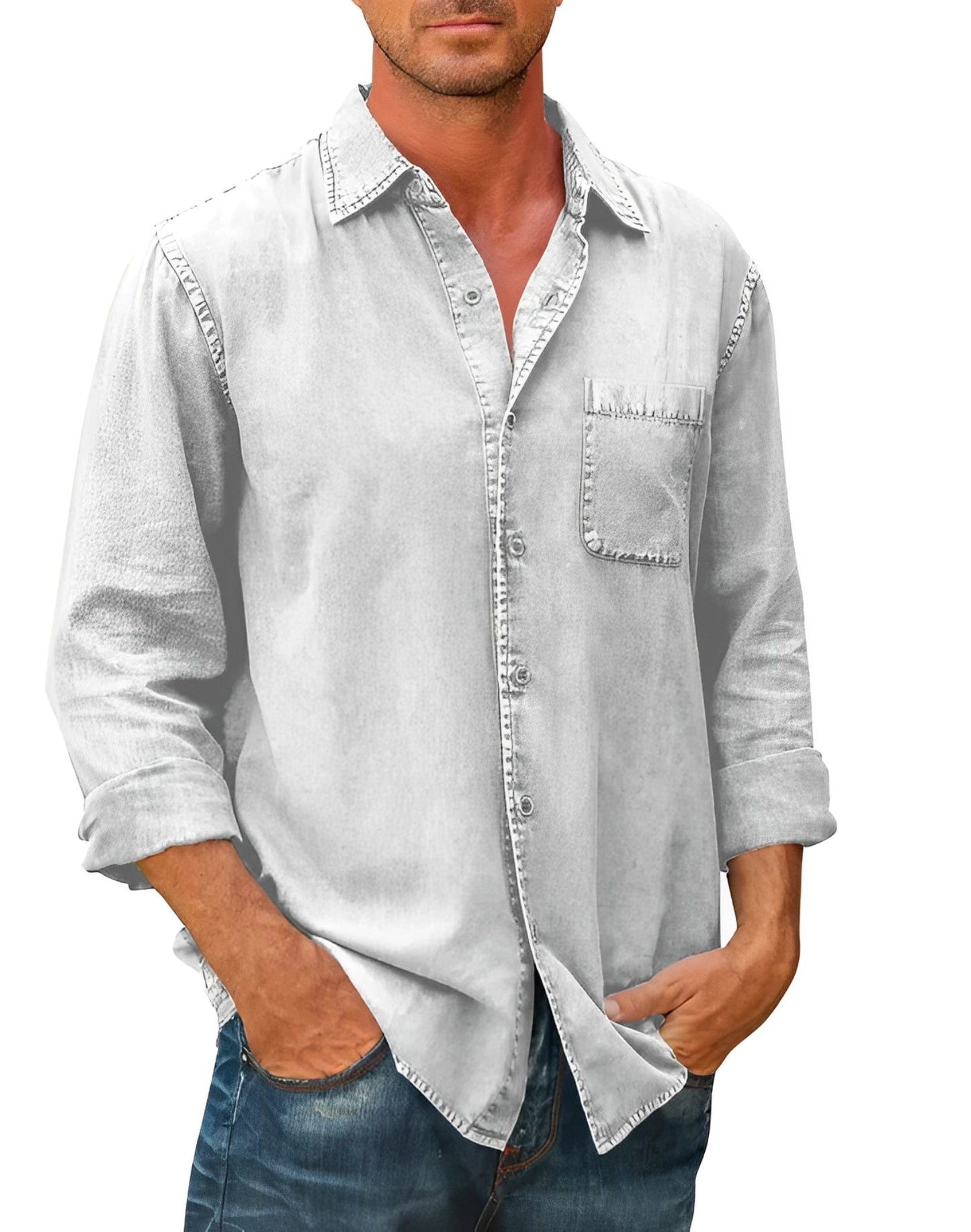 Men's olive green suede shirt, distressed western style, long sleeve with pockets, shown on a mannequin, featuring a collar and buttoned down front.