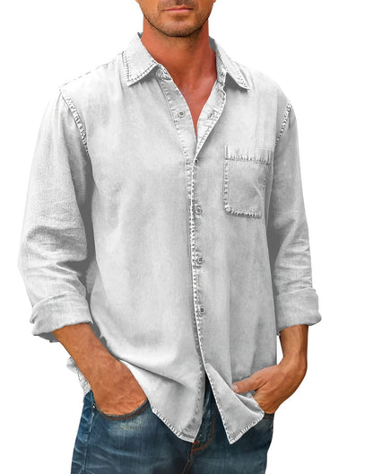 Men's olive green suede shirt, distressed western style, long sleeve with pockets, shown on a mannequin, featuring a collar and buttoned down front.