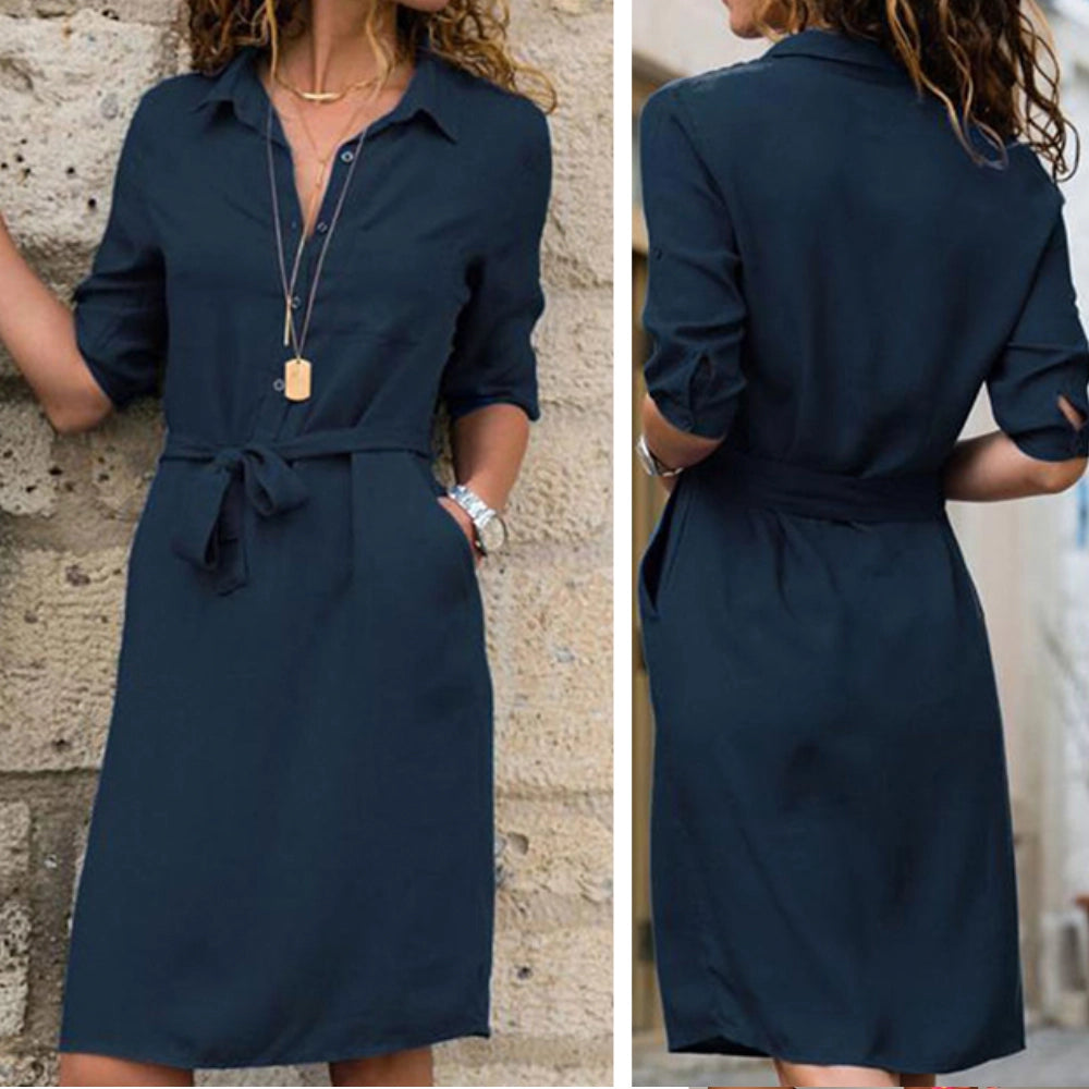 Abito chemisier a maniche lunghe con cintura da donna – Bottoni stile ufficio e casual