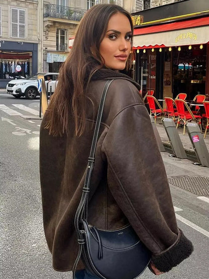 Selina | Oversized Damejakke med Pels | Faux Læder Vinterjakke til Kvinder