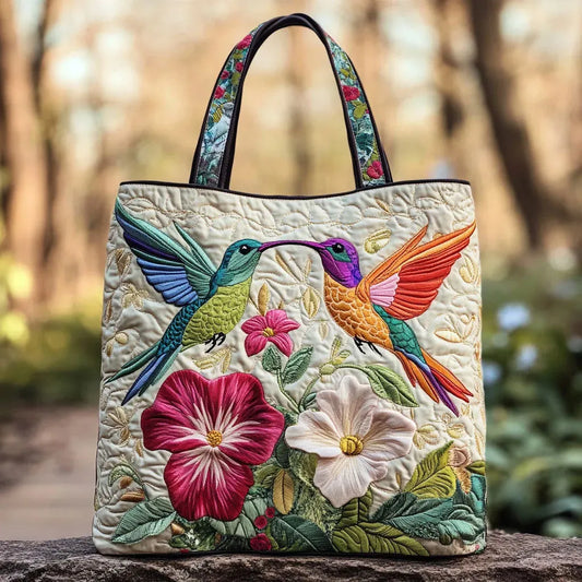 Geantă Artizanală – Colibri și Flori Albe