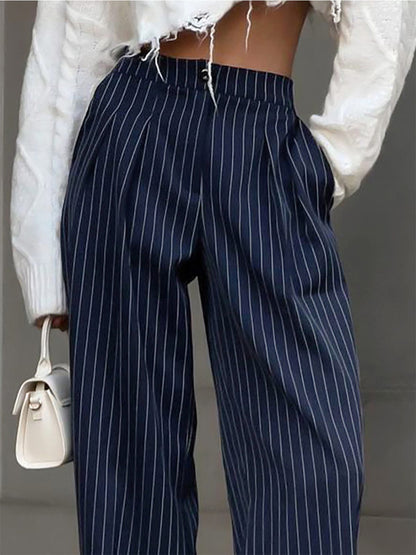 Eloise - Striped High Waisted Wide Leg Trousers In Blue