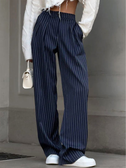 Eloise - Striped High Waisted Wide Leg Trousers In Blue