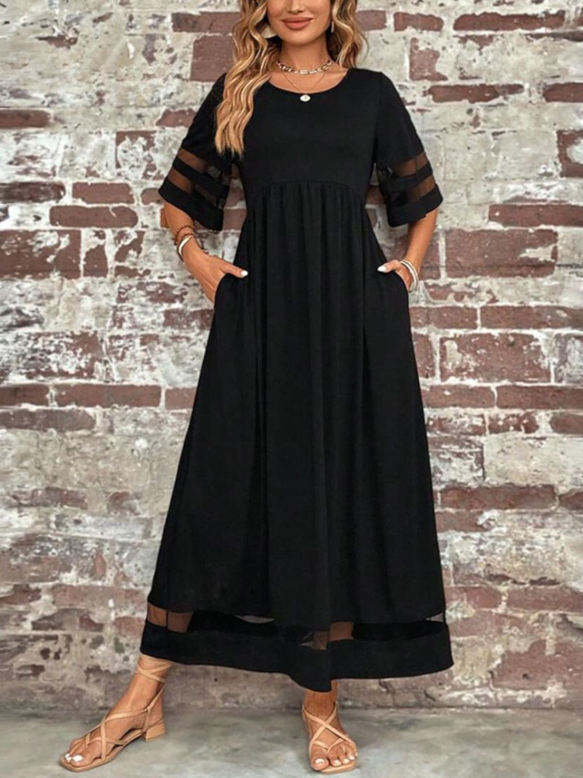 Women Elegant Sheer Panel Maxi Dress