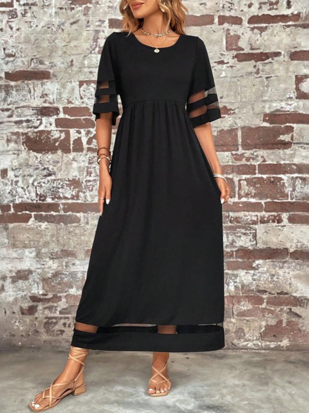 Women Elegant Sheer Panel Maxi Dress