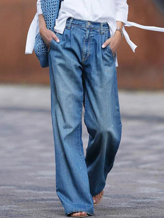 Hochbund-Jeans mit weitem Bein aus Denim