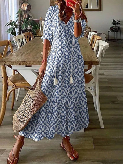 Sophia Boho Vintage V-Ausschnitt Sommerkleid – Müheloser, fließender Stil für Sommertage