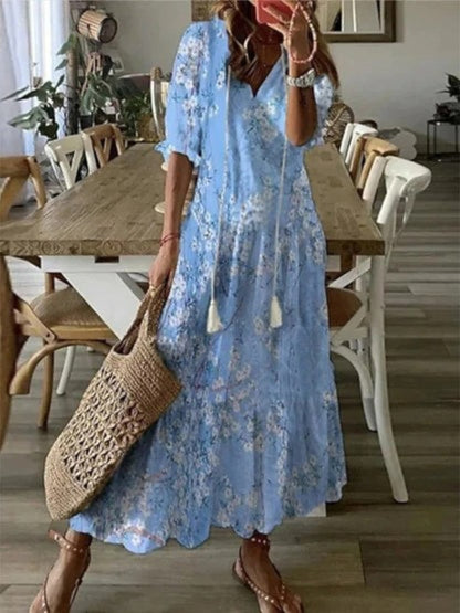 Sophia Boho Vintage V-Ausschnitt Sommerkleid – Müheloser, fließender Stil für Sommertage