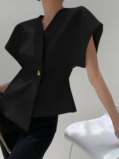 Seravelle | Damska Elegancka Bluzka Strukturalna V-Neck z Guzikiem