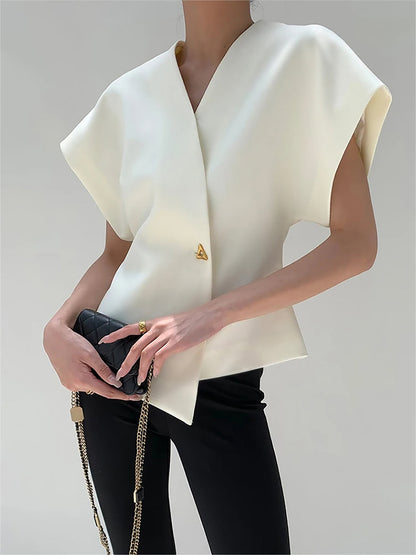 Seravelle | Damska Elegancka Bluzka Strukturalna V-Neck z Guzikiem