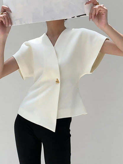 Seravelle | Damska Elegancka Bluzka Strukturalna V-Neck z Guzikiem
