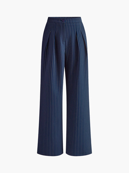 Eloise - Striped High Waisted Wide Leg Trousers In Blue