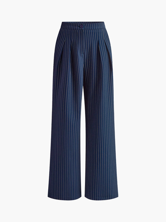Eloise - Striped High Waisted Wide Leg Trousers In Blue