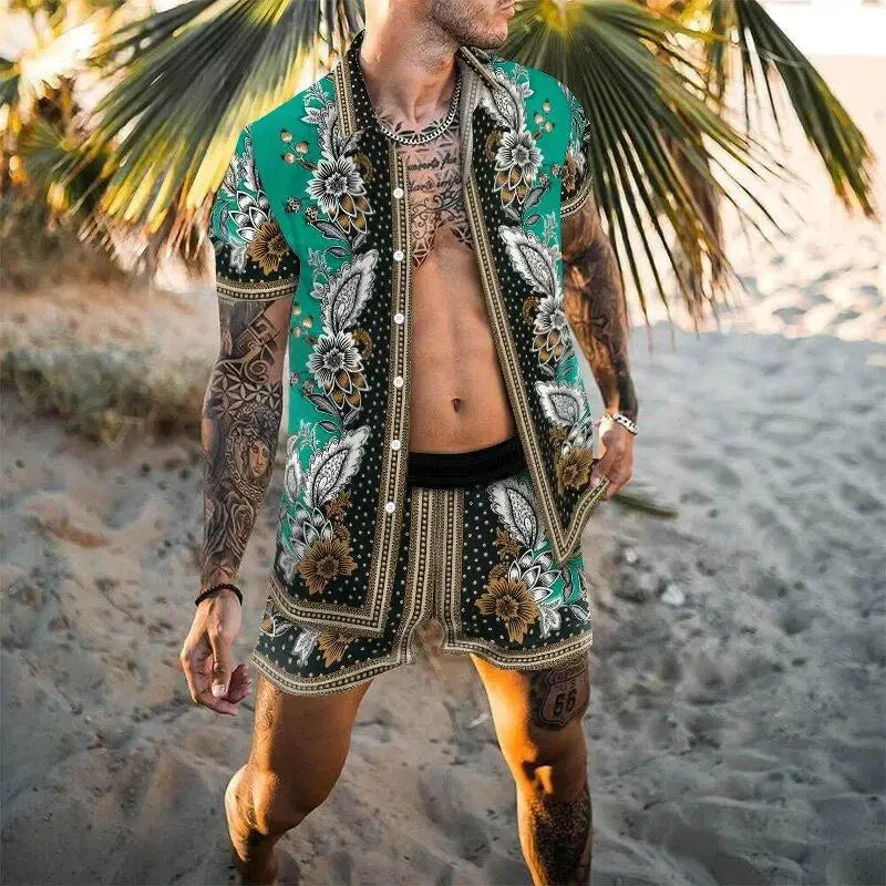 Men’s Summer Two Piece Set Printed Shirt and Shorts Lightweight Breathable Holiday Outfit