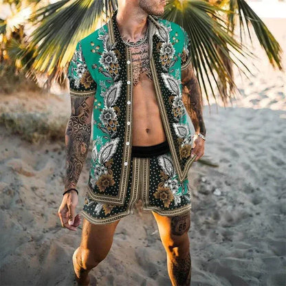 Men’s Summer Two Piece Set Printed Shirt and Shorts Lightweight Breathable Holiday Outfit
