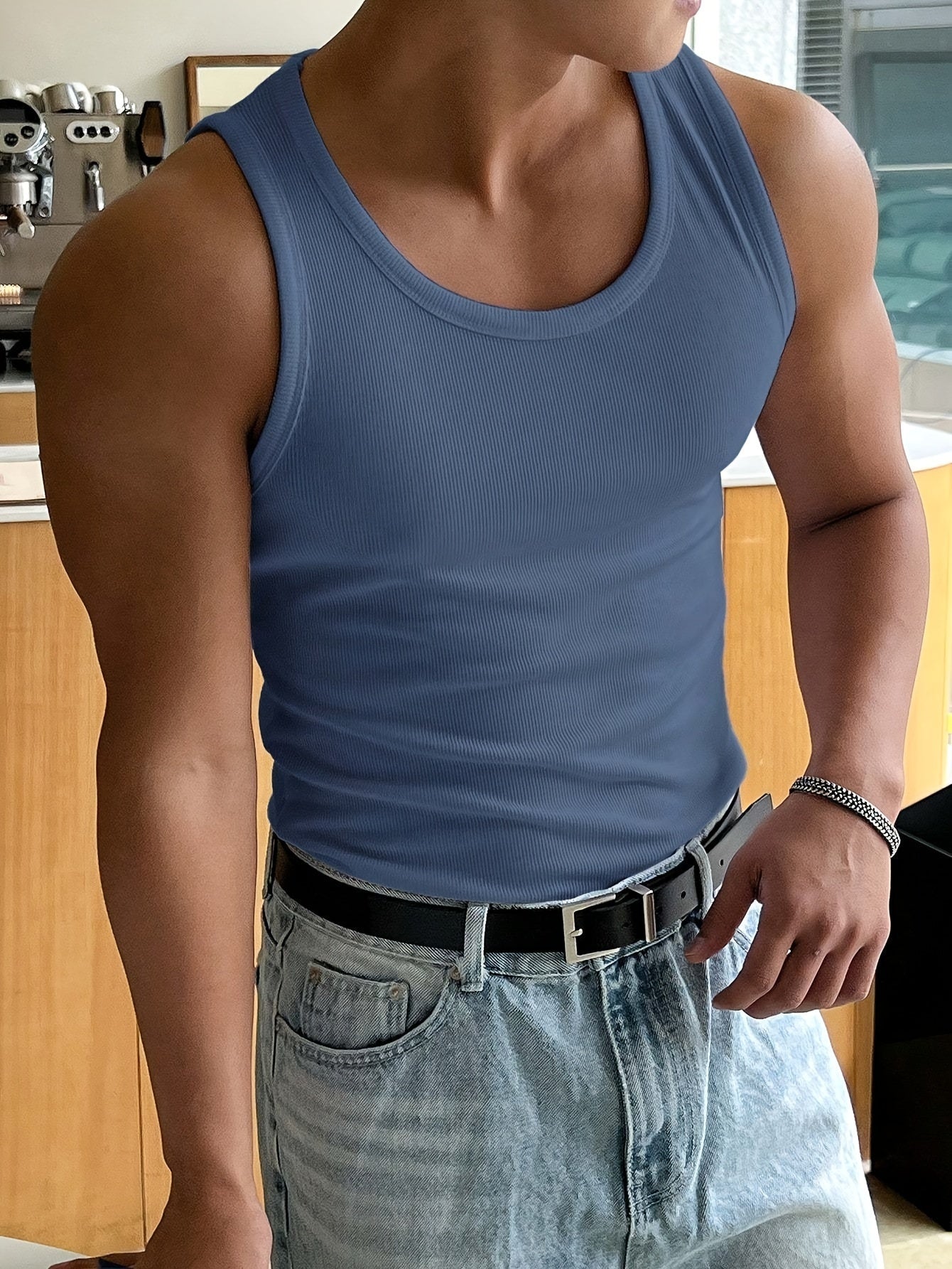 Herre tanktop i bomuldsmix med ribstruktur til sommer