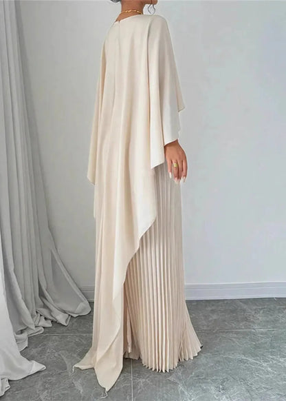 Women’s Pleated Maxi Dress Cape Overlay Elegant Flowing Silhouette