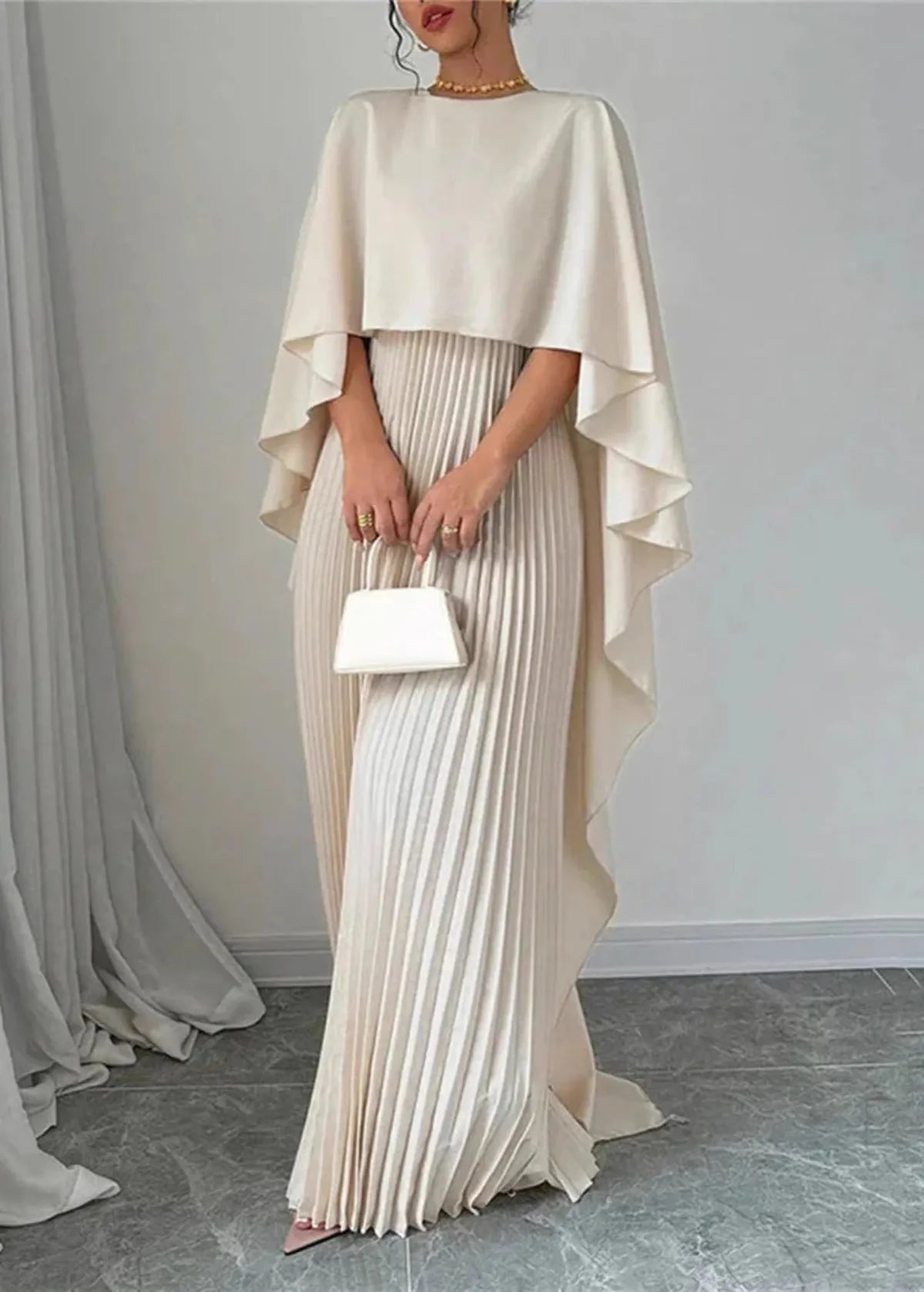 Women’s Pleated Maxi Dress Cape Overlay Elegant Flowing Silhouette