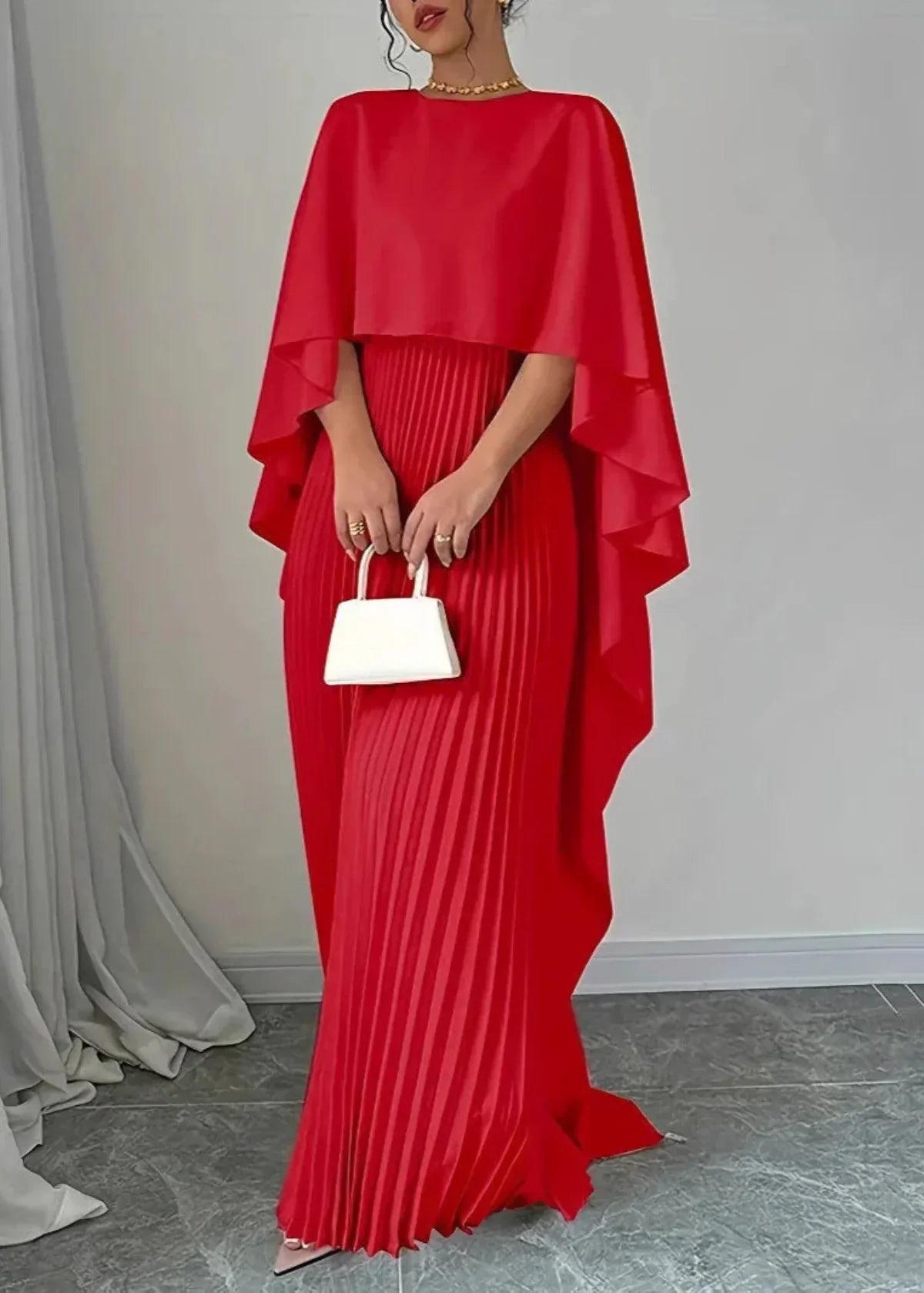 Women’s Pleated Maxi Dress Cape Overlay Elegant Flowing Silhouette