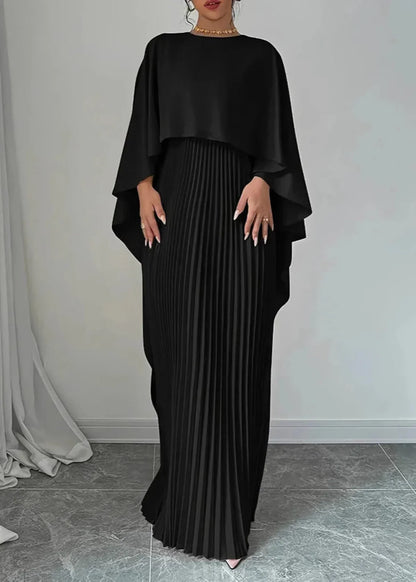Margaret – Women Pleated Cape Overlay Maxi Dress