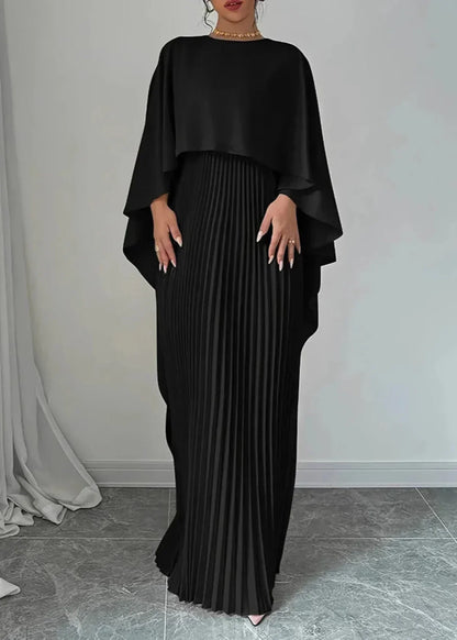 Women’s Pleated Maxi Dress Cape Overlay Elegant Flowing Silhouette