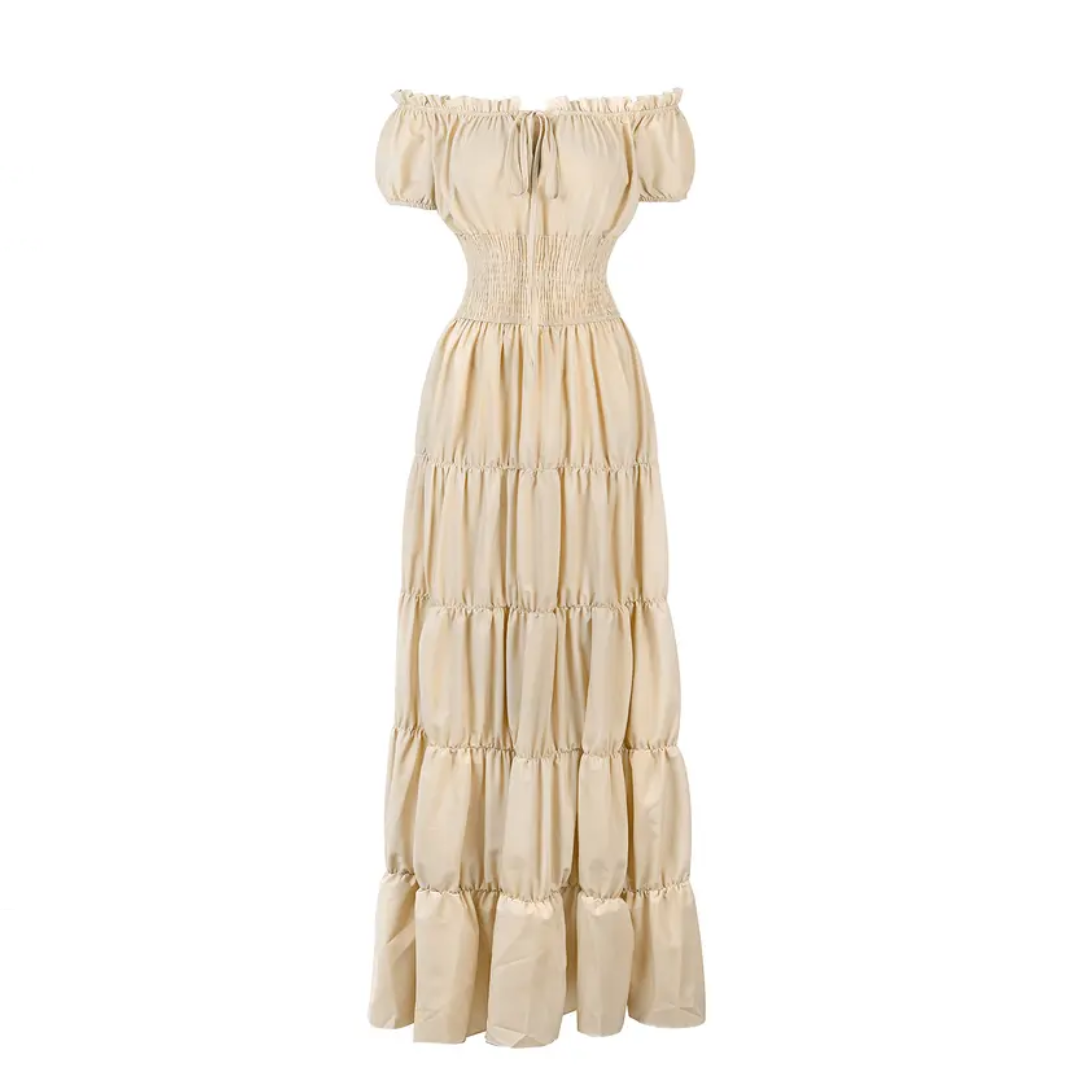 Margaret -  Women's Off-Shoulder Tiered Maxi Dress with Smocked Waist