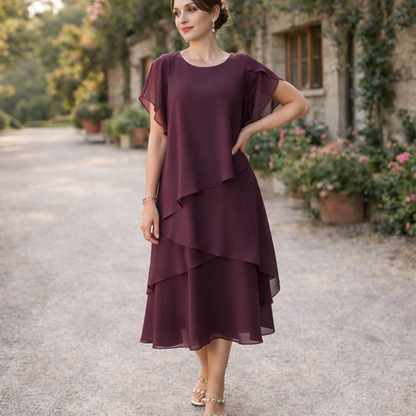 Belle | Women's Floral Dress With Layered Design And Short Sleeves | Elegant