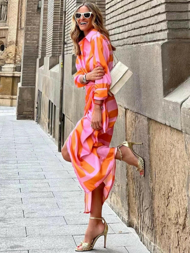 Madison | Women's Midi Dress With Button Front And Ruched Waist | Elegant