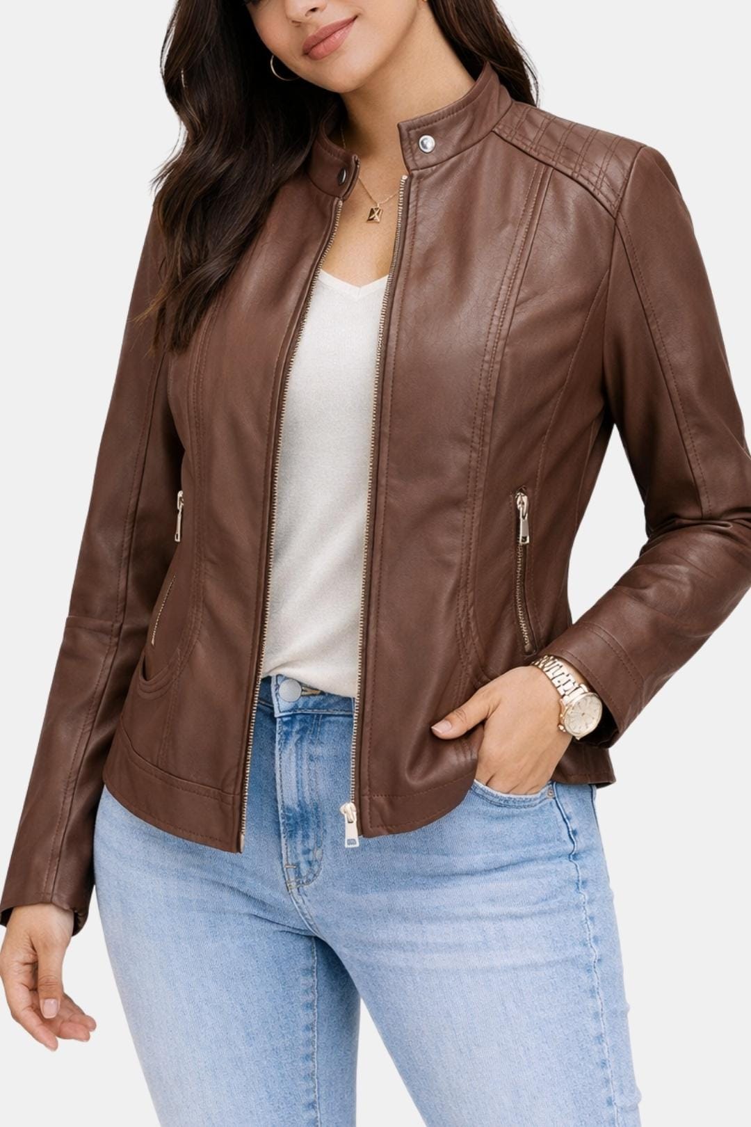 Bethany – Tailored Stand-Collar Leather Jacket for Women